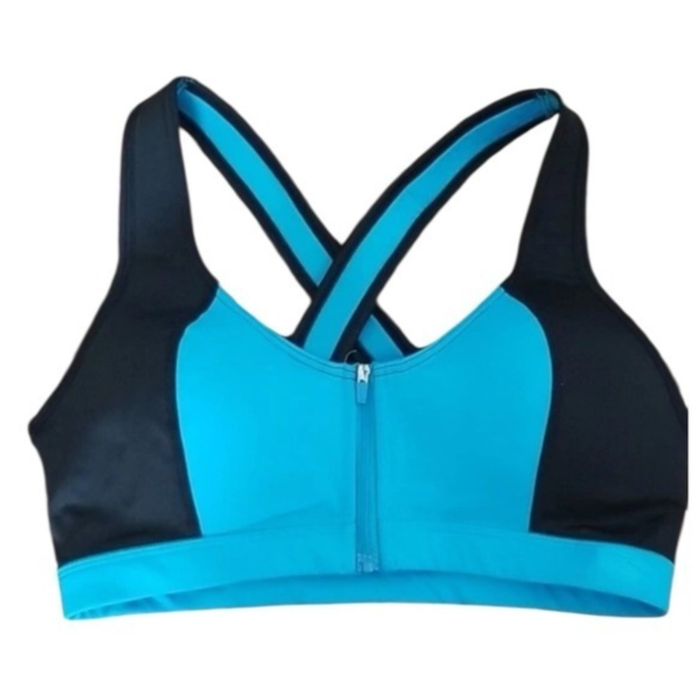 Sports Bra Size Lg‎ Marika Womens Blue Black Front Zip Racerback High Impact